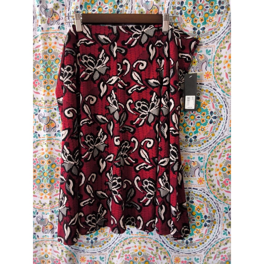 NWT GNW Brand Skirt Women's XL Maroon Black White Tribal Pull-on Midi Y2K Boho